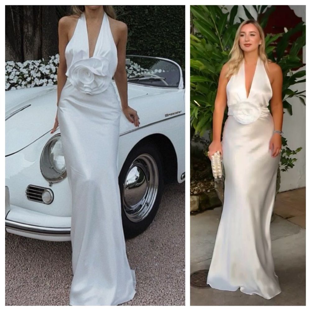Halter Satin Maxi Dress with Rose Waist Detail - White
